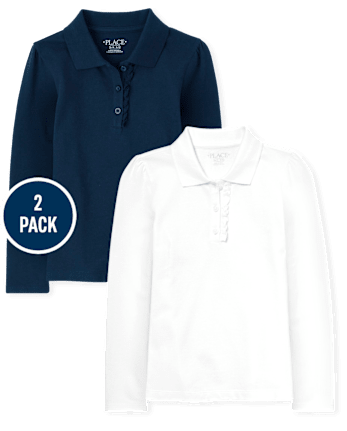 Polo de piqué con volantes de manga larga de uniforme para niñas, paquete de 2