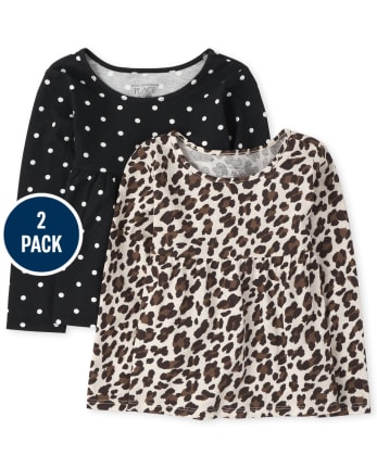 Paquete de 2 tops estilo túnica con lunares de leopardo para niñas pequeñas