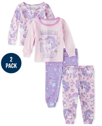 Baby And Toddler Girls Unicorn Snug Fit Cotton 4-Piece Pajamas