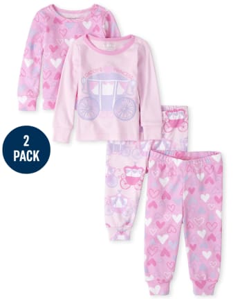 Pijama de 4 piezas de algodón con ajuste ceñido y corazón de princesa para niñas pequeñas y bebés