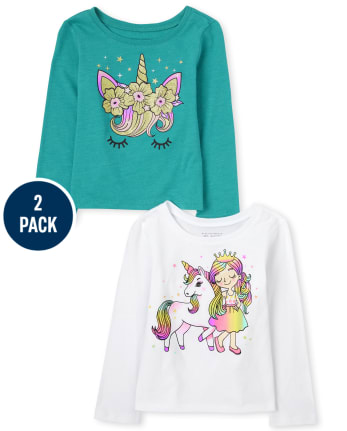 Paquete de 2 camisetas con gráfico de unicornio para bebés y niñas pequeñas