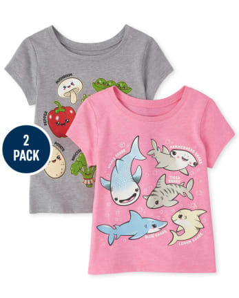 Pack de 2 camisetas con estampado de tiburón vegetal para bebés y niñas pequeñas
