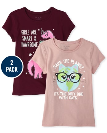 Pack de 2 camisetas con estampado de gato y dinosaurio con purpurina para niñas