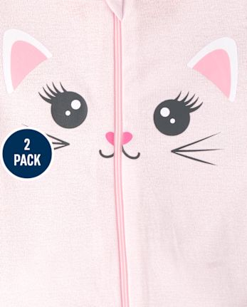Baby And Toddler Girls Cat Snug Fit Cotton One Piece Pajamas 2-Pack