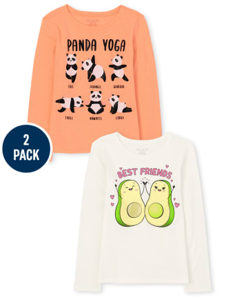 Girls Long Sleeve 'Panda Yoga' And 'Best Friends' Avocado Graphic