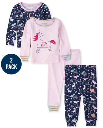 Paquete de 2 pijamas de algodón ajustados con unicornio para bebés y niñas pequeñas
