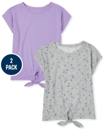 Paquete de 2 camisetas básicas a capas con lazo en la parte delantera para niñas
