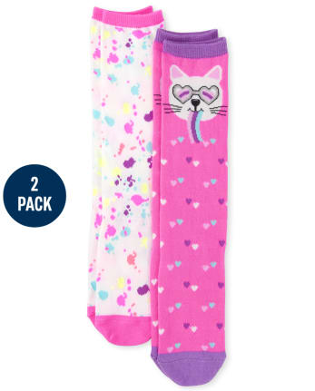 Paquete de 2 calcetines hasta rodilla diseño de gato para niñas | Children's Place - CLR