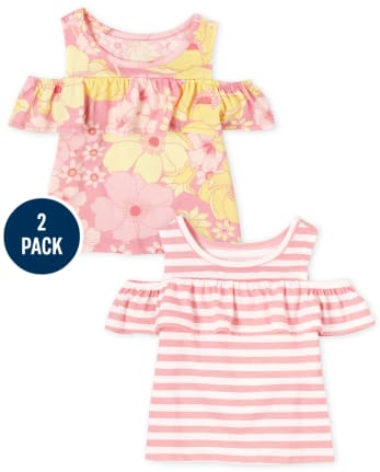 Toddler Girls Floral Striped Cold Shoulder Top 2-Pack