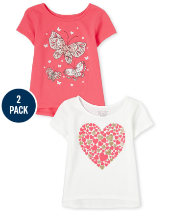 Paquete de 2 camisetas básicas con capas gráficas para niñas pequeñas