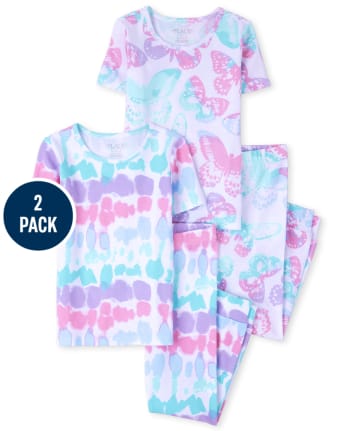 Girls Tie Dye Butterfly Snug Fit Cotton Pajamas 2-Pack