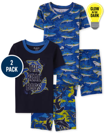 Pijama de algodón de ajuste ceñido Glow Shark para niños, paquete de 2