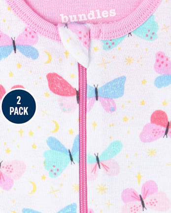 Pyjama une pièce en coton ajusté papillon pour bébés et petites filles, paquet de 2