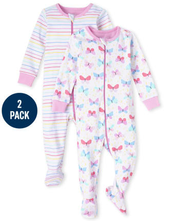 Paquete de 2 pijamas de una pieza de con ajuste ceñido a rayas y mariposas de manga para y niñas pequeñas | The Children's Place - WHITE