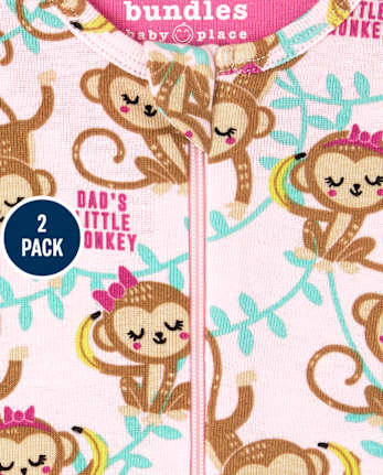 Pyjama une pièce en coton ajusté singe pour bébés et petites filles, paquet de 2