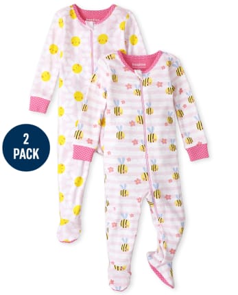 de 2 pijamas de pieza de algodón con estampado de margaritas y abejas de manga para bebés y niñas pequeñas | The Place - PINK ADMIRER