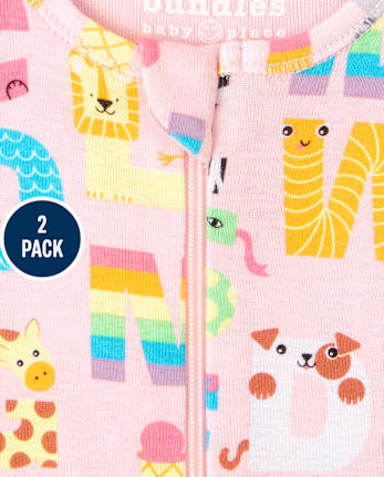 Baby And Toddler Girls ABC Animal Snug Fit Cotton One Piece Pajamas 2-Pack