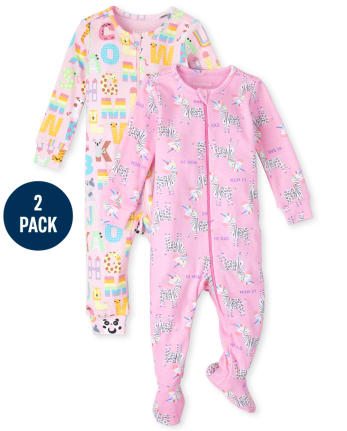 Baby And Toddler Girls ABC Animal Snug Fit Cotton One Piece Pajamas 2-Pack