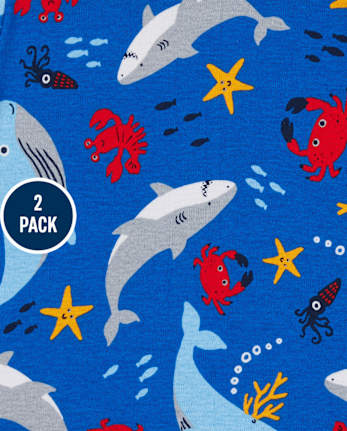 Pack de 2 pijamas de algodón ajustados con tiburón brillante para bebés y niños pequeños