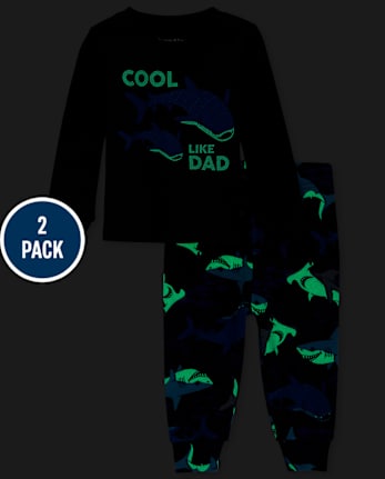 Pack de 2 pijamas de algodón ajustados con tiburón brillante para bebés y niños pequeños