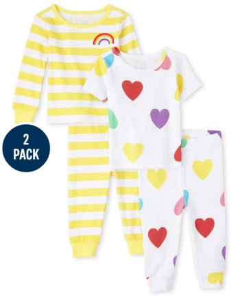 Paquete de 2 pijamas de algodón ajustados con corazón arcoíris para bebés y niñas pequeñas