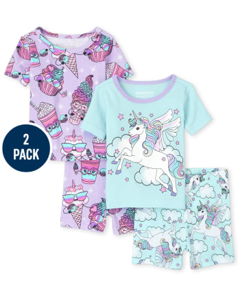 Paquete de 2 pijamas de algodón de ajuste cómodo con unicornio y postre Squishies de manga corta para bebés y pequeñas | The Children's Place - SOFTMARINE