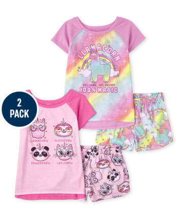 Girls Short Sleeve Unicorn Animals Pajamas 2-Pack