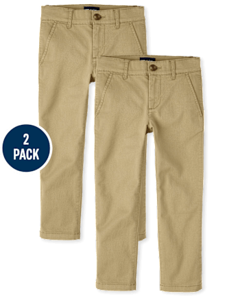Pantalones chinos ajustados elásticos uniformes para niños, paquete de 2