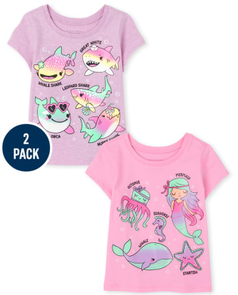 Paquete de 2 camisetas con estampado de océano para niñas pequeñas