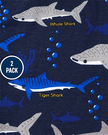 Pijamas de algodón ajustados con estampado de tiburón y camuflaje para niños, paquete de 2