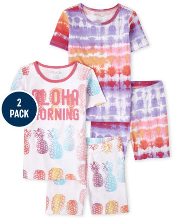 Pijamas de algodón ajustados Aloha Tie Dye para niñas, paquete de 2