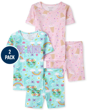 Girls Ice Cream Rainbow Snug Fit Cotton Pajamas 2-Pack
