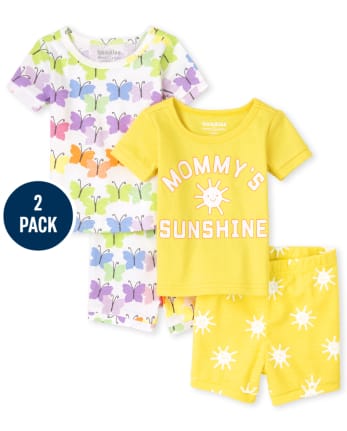 Ensemble de 2 pyjamas en coton ajustés Butterfly Sunshine pour bébés et petites filles