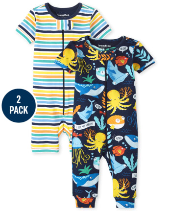 Prosperar Todo tipo de pizarra Paquete de 2 pijamas de una pieza de algodón de ajuste ceñido a rayas y  vida marina de manga corta para bebés y niños pequeños | The Children's  Place - THUNDER BLUE
