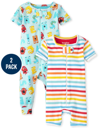 Pijama unisex de una pieza de algodón con rayas ABC para bebés y niños pequeños, paquete de 2