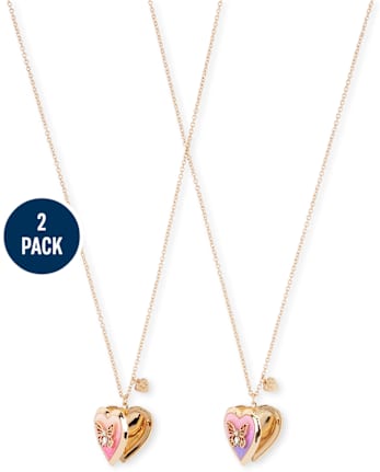 Girls Butterfly Heart Locket Necklace 2-Pack