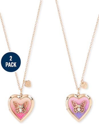 Girls Butterfly Heart Locket Necklace 2-Pack