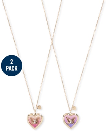 Girls Butterfly Heart Locket Necklace 2-Pack