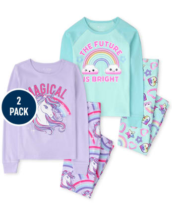 Girls Unicorn Rainbow Snug Fit Cotton Pajamas 2-Pack
