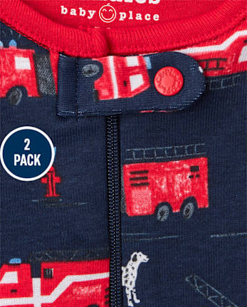 Baby And Toddler Boys Dino Fire Truck Snug Fit Cotton One Piece Pajamas 2-Pack