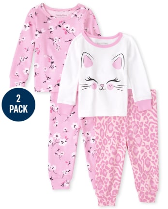 Baby And Toddler Girls Cat Floral Snug Fit Cotton Pajamas 2-Pack