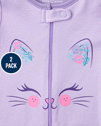Baby And Toddler Girls Floral Cat Snug Fit Cotton One Piece Pajamas 2-Pack
