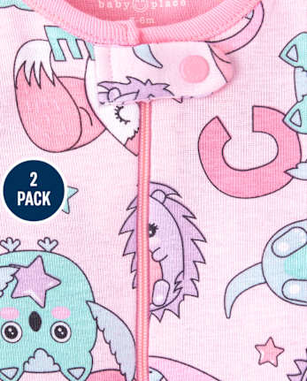 Pijamas de una pieza de algodón con ajuste ceñido y estrellas de animales para bebés y niñas pequeñas, paquete de 2