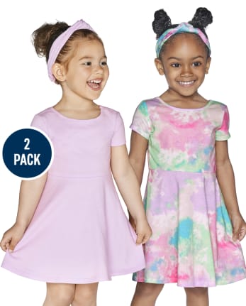 Paquete de 2 vestidos skater recortados con efecto teñido anudado para bebés y niñas pequeñas