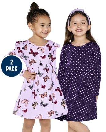 Lot de 2 robes de tous les jours à pois papillon pour petites filles