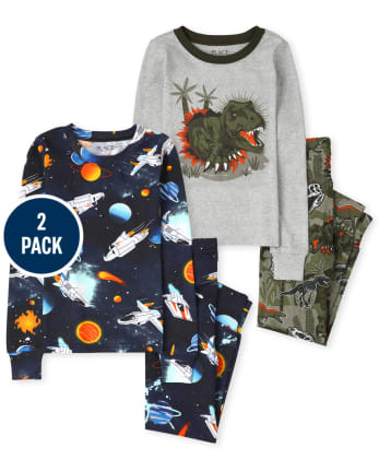 Pijama de algodón de ajuste ceñido Space Dino para niños, paquete de 2
