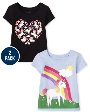 Paquete de 2 camisetas con gráfico de unicornio para niñas pequeñas