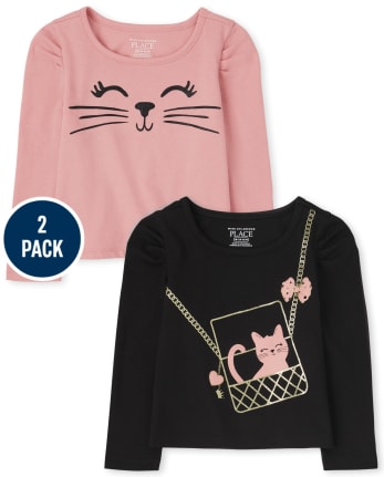 Toddler Girls Cat Puff Sleeve Top 2-Pack