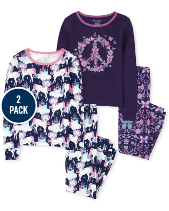 Girls Unicorn Peace Snug Fit Cotton Pajamas 2-Pack