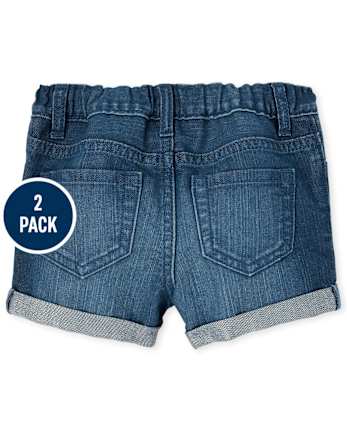 Paquete de 2 shorts cortos de mezclilla con puños enrollados para niñas pequeñas